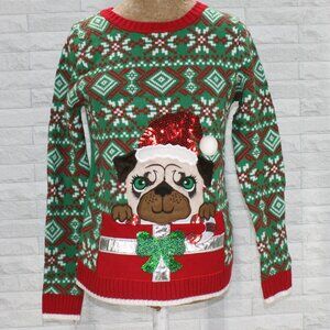 IT'S OUR TIME Sweater Knit Christmas Holiday Ugly Dog Sequin Green XL